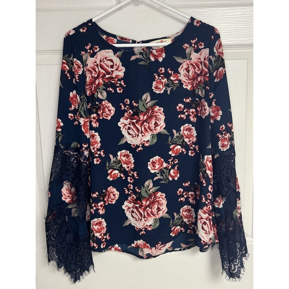 Wishful Park Woman's Blue Floral Semi Sheer Blouse Lace Bell Sleeves Sz Large